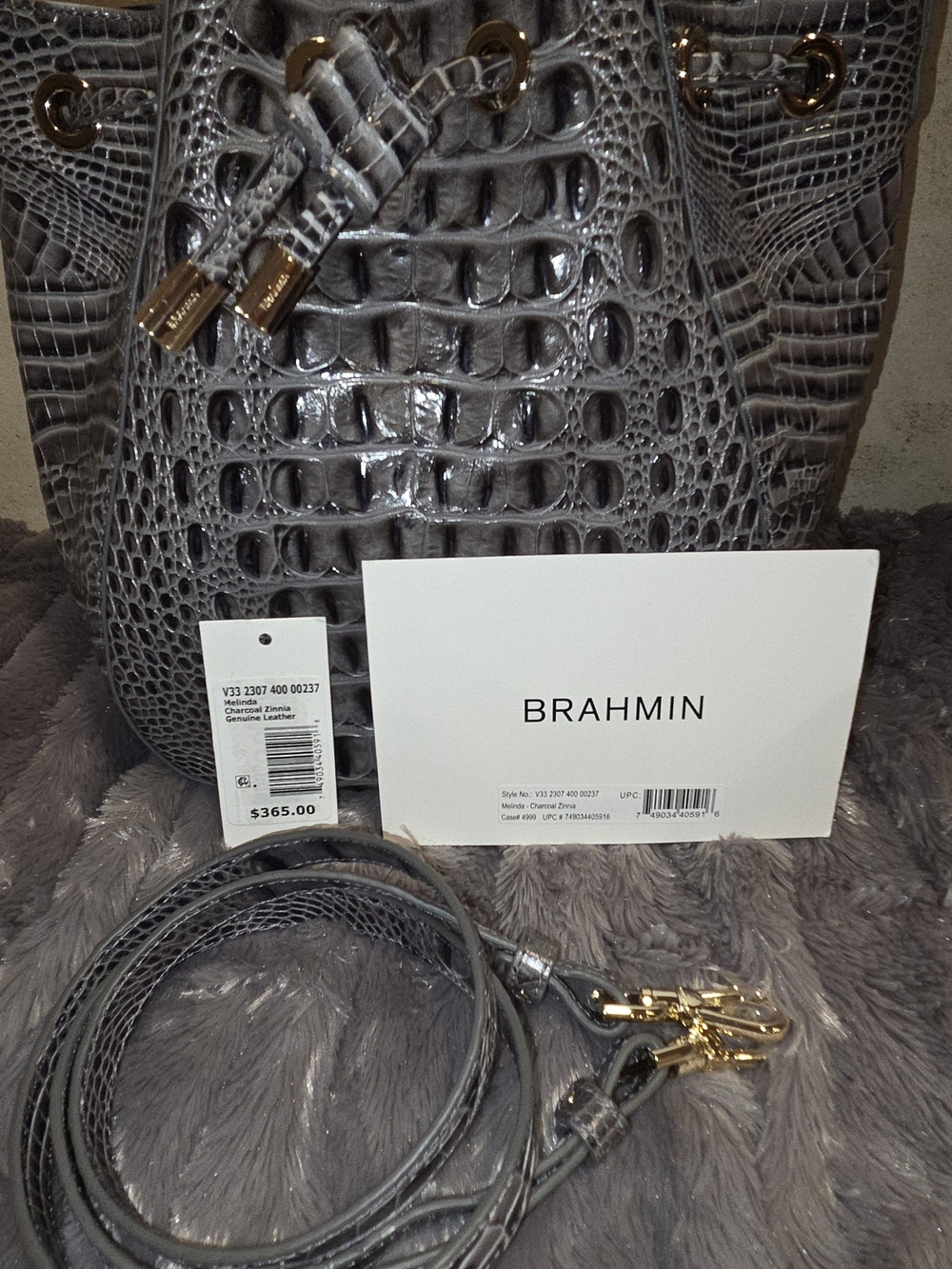 Brahmin Melinda Croc-Embossed Bucket Bag in Grey Plus 2 Additional Accessories - Picture 4 of 9